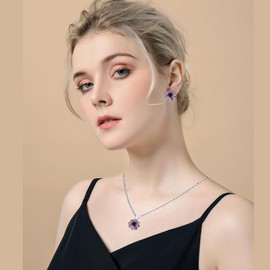 AMYJANE Purple Amethyst Flower Jewelry Set for Women S925 Sterling Silver Wedding Earrings Necklace Set Cubic Zirconia Birthstone Floral Costume Jewelry for Bride Bridemaids Party Prom
