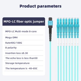Jeirdus 15M MPO/MTP to 8 x LC (4 Duplex) 8 strands Breakout Cable,QSFP 40GBase-SR4, OM4 Fanout Fiber Optic Cable - Aqua, 15 meters/50ft
