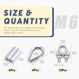 Glarks 24 Pieces M6 Wire Rope Clamps with Cable Thimbles Combo and Aluminum Crimping Loop Sleeve Set for Wire Rope Cable Thimbles Rigging (1/4 Inch Wire Rope Clips Set)