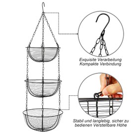 Wylnsie Iron Baskets Fruit Hanging Basket, Fruit Basket Hanging 3-Tier with Hooks, Hanging Shelf, Removable Fruit Basket for Kitchen, Vegetable Bread Organiser