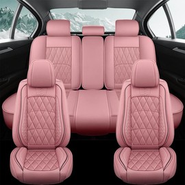 Leather Car 5 Seat Covers Universal Front Rear Full Wrapped Protector w/Pillows waterproof leatherette full coverage Luxury Car Seat Cover - Color: Pink