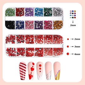 3000Pcs Rhinestones, Nail Gems for Nail Art, 3 Sizes Flat Back Gems, Crystals Nail Rhinestone, Nail Art Tools for Crafts with Pick Up Tweezer (Red+Multi-colored)