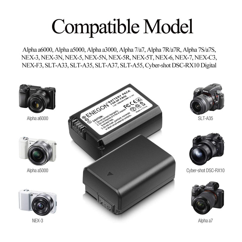 ENEGON NP-FW50 Battery (2-Pack,1300mAh) and Dual Charger for Sony ZV-E10,