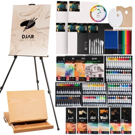 DJAR 174pcs All-in-One Art Painting Set with Tabletop Easel & Tripod, Acrylic, Watercolor, Oil & Sketch Kit, 96 Acrylic, Watercolor & Oil Paint Set for Beginners, Professionals, Artists