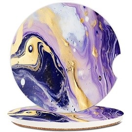 Ceramic Cup Holders Car Coasters for Women/Men,Cute Absorbent Drink Cup Car Holder Coasters with A Finger Notch 2.56" Pack of 2,Purple Gold Marble