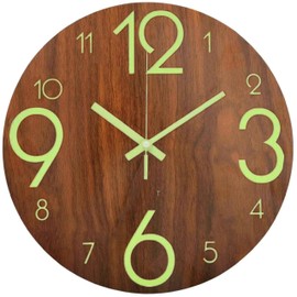 BERGUF 12 inch Luminous Wooden Round Silent Non-Ticking Quartz Wall Clocks, Large Numbers and Hands, Easy to Read Both Day and Night (Large Digital)