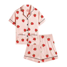 SWOMOG Satin Kid Pajamas for Girls Silk Pjs Set with 2 Pockets Boys Sleepwear Button-up Lounge Sets Short Sleeve Nightwear Strawberry