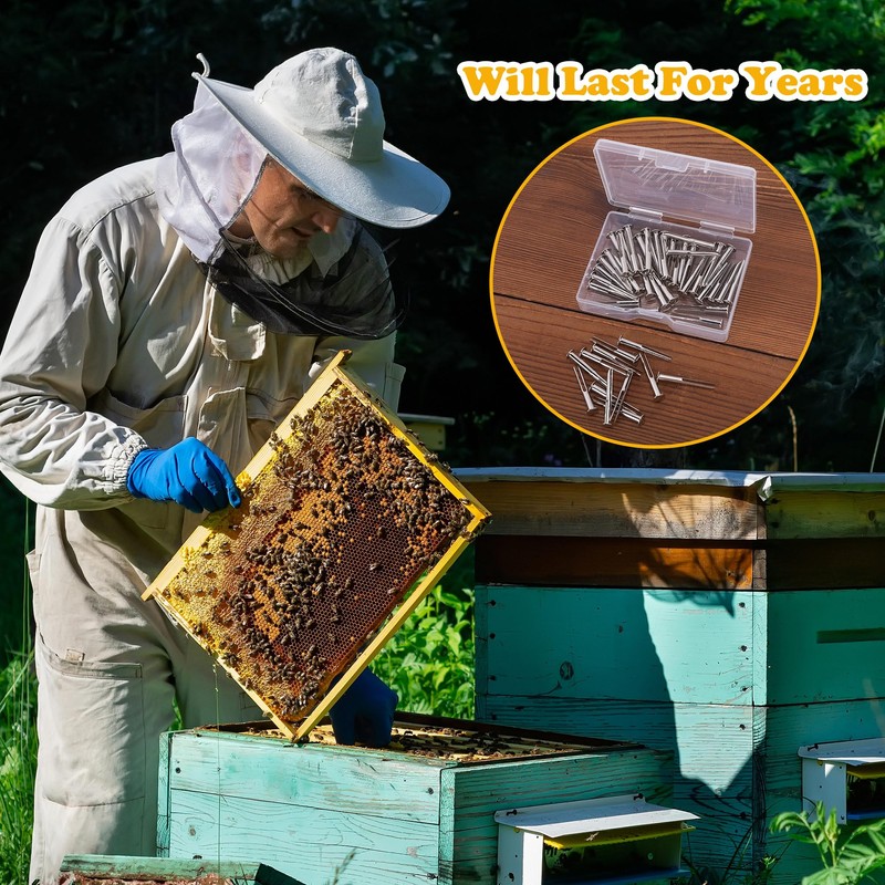 DECOHS 100 Pcs Metal Beeswax Foundation Support Pins with Box,