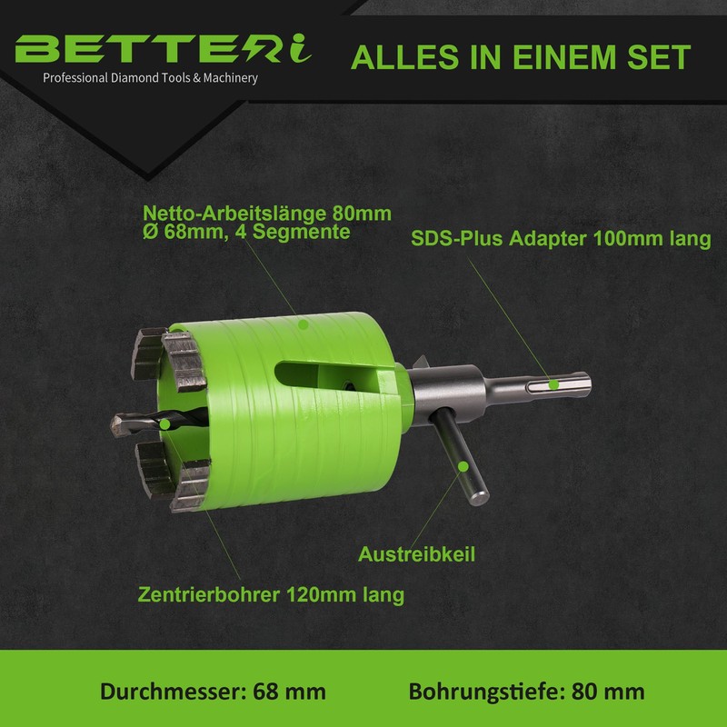 BETTERI SDS-plus Diamond Drill Bit Concrete 68 mm, Socket Countersink