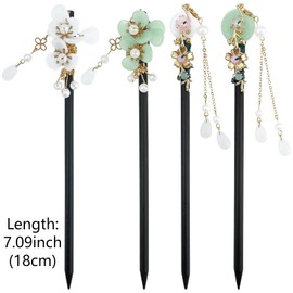 Hair Sticks, Pack of 4 Hair Sticks, Hair Sticks, Hairpin Japanese, Wood Vintage Chinese Hair Accessories, Butterfly Flower, Pearl Decoration, Suitable for Women and Girls with Long Hair (A)