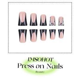 IMSOHOT Medium Duck Press on Nails Black French Tip Fake Nails with Rhinestone & Flower Design Glossy Cute Feet Flared False Nails Full Cover Glue on Nails for Women Manicure Decorations