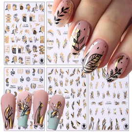TBRZTR Flower Leaves Stickers for Nails, 6 Sheets Paper Decals, Black Gold Leaves Design, Self-Adhesive Nail Art Supplies, for Manicure Accessories