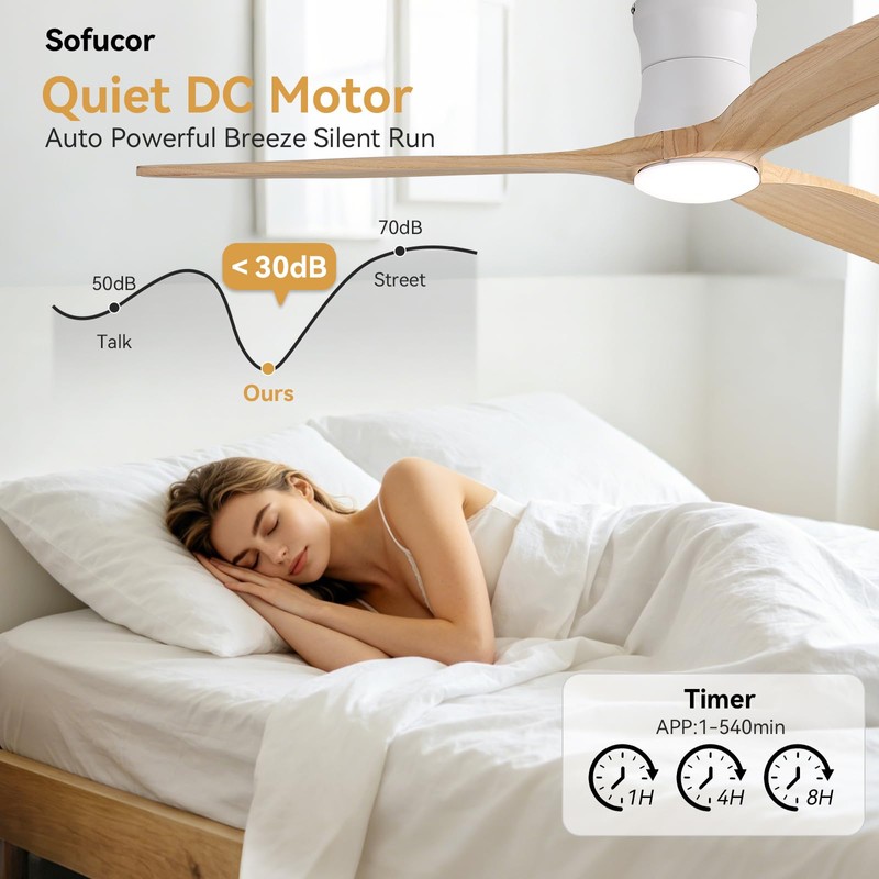 Sofucor 52" Smart Ceiling Fan, Solid Wood Ceiling Fan with
