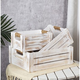 TIMRIS Set of 3 Rustic Wood Nesting Crates, Farmhouse Wooden Storage Container Boxes with Cutout Handles, Decorative Wooden Baskets for Display (Whitewash)