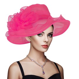 SHUIMUHUABEN Derby Hats for Women 2025 Equestrian Derby Tea Party Fascinators Wide Brim Hot Pink