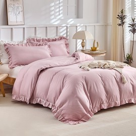 Lekesky Bed Linen 135 x 200 cm Pink Ruffle Bed Linen 135 x 200 cm 2-Piece Girls' Microfibre Bed Linen Flowers with Zip and Pillowcases 80 x 80 cm