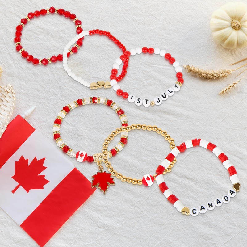 Canada Day Beaded Bracelet, 6 PCS Red & White Maple