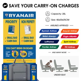 Wandf Cabin Hand Luggage Bag, Small Foldable Bag for Aeroplane Travel, 40 x 20 x 25 cm, Sports Bag, Hospital Bag, Weekender Bag, A-Grey