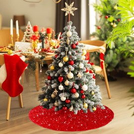 FCSJOST Red Christmas Tree Skirt Glitter Sequin Tree Skirt 36 Inch Red Christmas Tree Decorations Sparkly Tree Skirt Collar Luxury Velvet Tree Skirts for Xmas Tree Holiday Decorations