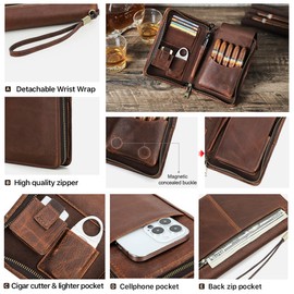 Contacts Full Grain Leather Cigar Case Travel Cigars Humidor Box Accessories Organizer with Cigar Cutter Lighter Pocket for 5 Pcs Cigars (Caramel Brown)