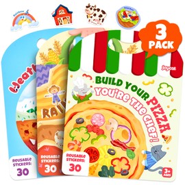 JoyCat 3 Pack Reusable Sticker Books: Farm, Pizza-Making, Weather - 90 Pcs Stickers for Toddlers, Kids Sticker Plane Activities, Road Trip Travel Toys, Birthday Gifts for Boys and Girls