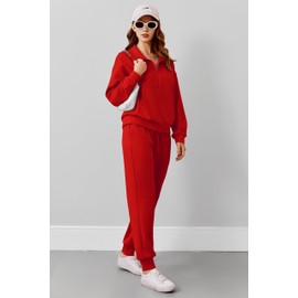 PINSPARK Lounge Sets for Women 2 Pieces 2024 Long Sleeve Travel Outfits Pullover Half Zip Jogger Sets Track Suits Matching Sets,Red Medium