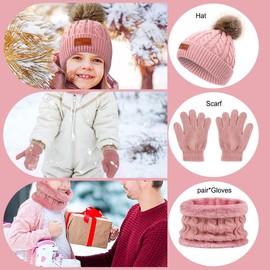 Kids Winter Beanie Hat Scarf and Gloves Knit Set Warm Knitted Beanie Cap for Boys Girls for 1-6 Years Old (Pink)