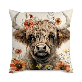 UTXN Linen Highland Cow Throw Pillow Cover - Breathable 18x18 Inch Scottish Farm Decor, Couch Sofa Accent Pillow Case, Machine Washable Home Gift for Her
