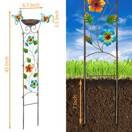 LEWIS&WAYNE Garden Trellis Bird Bath Outdoor, 40 Inch Antique Iron Garden Plant Trellis Decorative with Floral-Butterflies and Detachable Drinking Basin Bowl, Free Standing BirdBath Birdfeeder Station