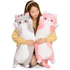 Bobomon Cat Cuddly Toy Soft Toy Cat Long Cushion Giant XXL Kawaii Large Plush Toy Plush Cat Cute Side Sleeper Pillow Cat Plushie (Pink, 70 cm)
