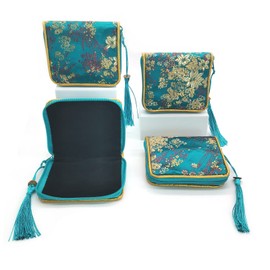 4pc Zipper Jewelry Pouches Brocade Cosmetic Bags Embroidered Coin Purses Wallets for Women - Green