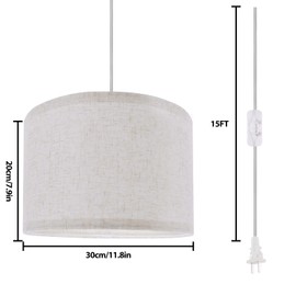 Filltown Plug in Pendant Light Shade, 15Ft Hanging Lights with Plug in Cord, On/Off Switch, Linen Shade, E26/E27 Bulb Socket Hanging Lamp for Living Room, Bedroom, Dining Room, Kitchen, Beige