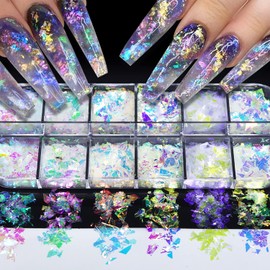 12 Colors Holographic Nail Art Glitter Sequins Iridescent Ice Slag Nail Glitter Flakes Irregular Mermaid Nail Sequins Colorful Fluorescent Glass Paper Nail Decoration for Face Hand Body Make-up DIY