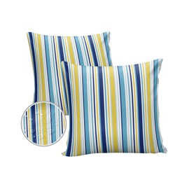 Lsrtoss Blue Yellow Striped Outdoor Waterproof Pillow Covers, Farmhouse Navy Blue Ombre Stripes Decorative Square Throw Pillowcase Sofa Cushion Sham for Patio/Couch/Chair, 16"x16" 2 Pack