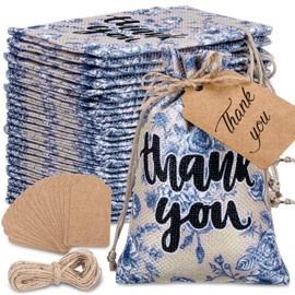 Sweetude 50 Pcs 4 x 6 Inch Thank You Floral Burlap Gift Bags with Drawstring and 50 Pcs Tags Chinoiserie Blue Floral Bag Bulk Treat Bags Candy Goodies Sacks for Wedding Birthday Bridal Baby Shower