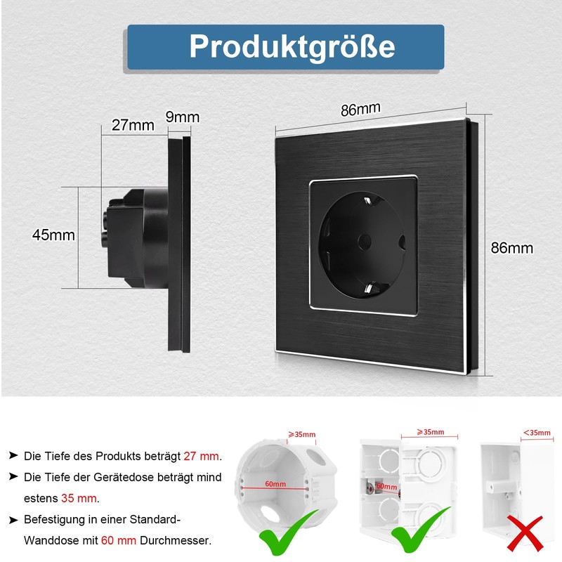 CNBINGO Aluminium Schuko Socket Flush-Mounted, Protective Contact Installation Wall Socket