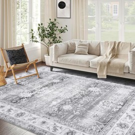 COZYLOOM Large Area Rug 9x12 Washable Rug Vintage Floral Floor Throw Carpet Distressed Entryway Mat Non Slip Accent Rug for Bedroom Dining Room Living Room, Grey