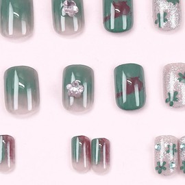 Press on Nails Simple Cute Short Square French Tip Green Red Diamonds Design Fake Nails Full Cover Glossy Acrylic Glue on Nails Short Stick on Nails False Nails for Women 24Pcs D727