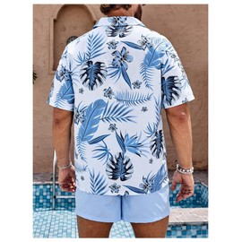 WDIRARA - Conjunto hawaiano a juego para hombre, 2 piezas, camisas y pantalones cortos con estampado tropical, Azul Teal, Small
