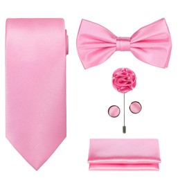 TIE G 5pcs Tie Set in Gift Box : Solid Color Necktie, Satin Bow Tie, Pocket Square, Lapel, Cuff Links (Pink)
