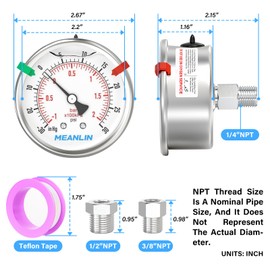 MEANLIN MEASURE -30inHG~30Psi Vacuum Pressure Gauge 316 Stainless Steel Joint 1/4"NPT 2.5"FACE DIAL, Liquid Filled Pressure Gauge WOG Water Oil Air Back Mount with Stainless Steel Hex Bushing, Snaps