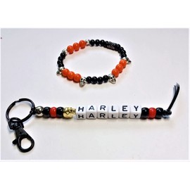 Biker Black and Orange Skull Beaded Bracelet and Matching Keyring