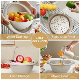 VECELO 2 In 1 Colander Strainer with Bowl Set, Fruit Vegetable Washing Colanders & Food Strainers, Heat-Resisted, Double Layer Colander for Kitchen for Pasta, Berry, Salads, Grey