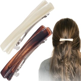 VARMDUKKE 2 PCS Small French Hair Barrettes, 2.5 Inch Curved Tortoise Shell Hair Clip for Women, 2 Colors Glossy Flat Rectangle Hair Accessories for Thin, Thick, Long Hair