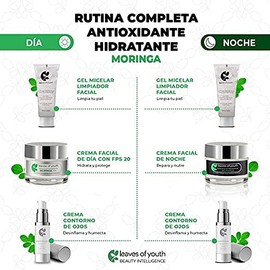 Leaves of Youth Kit de Cuidado Facial Completo- Crema de Da, Noche, Contorno de Ojos y Gel Limpiador- Con Moringa, cido Hialurnico, Colgen, SPF20,... 