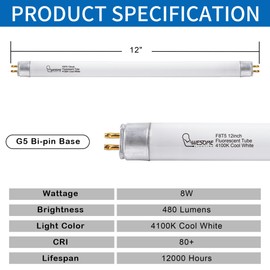 Wesome Lighting 8 Pack 12 Inch F8T5/CW Fluorescent Light Bulb, 4100K Cool White, T5 8 Watts Fluorescent Replacement Bulb for Counter and Cabinet Fixture, G5 Base