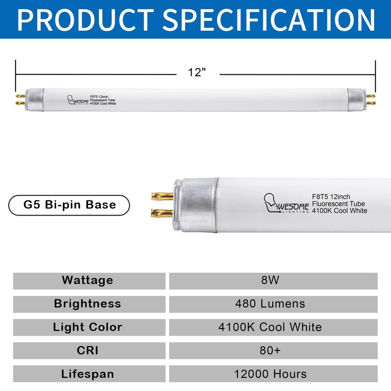 Wesome Lighting 8 Pack 12 Inch F8T5/CW Fluorescent Light Bulb,
