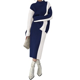 Pink Queen Women's 2 Piece Fall Outfits Casual Brunch Skirt Sets Long Sleeve Color Patchwork Midi Dress Mock Neck Going Out Oversized Loungewear Navy S