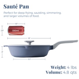 PRICUSIS Ceramic Nonstick Deep Saute Pan with Lid, 10/12 Inch Non Toxic Pans with Double Pour Spout, Helper Handle and Lid, Metal Utennsil Safe, Dishwasher Safe, (12 Inch, Gray)