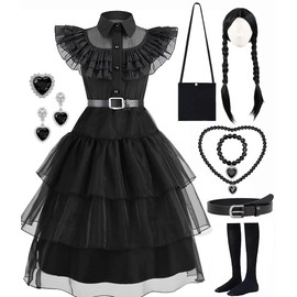 IKALI Children's Wednesday Costume, Girls Fancy Dress Up Outfit, Black Tutu Dress for Carnival, Birthday Party, with Belt, Wig, Bag, Stockings, 9 Pieces, 4-6 Years